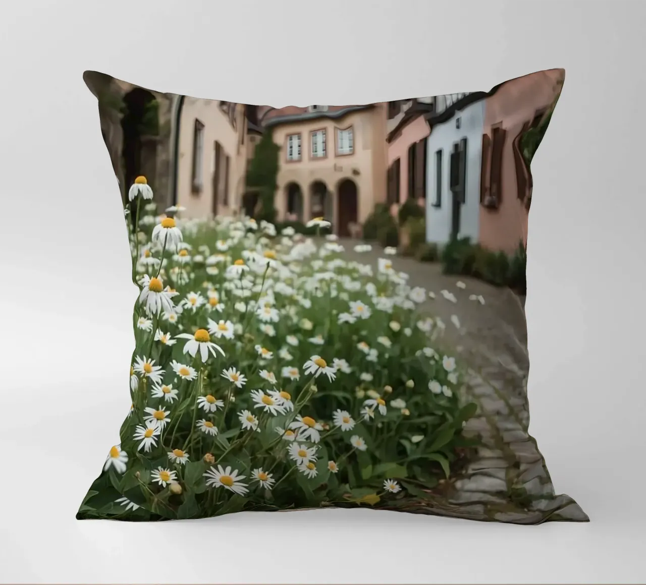 Margherite lungo una strada acciottolata con edifici cuscino da DesignDoodle