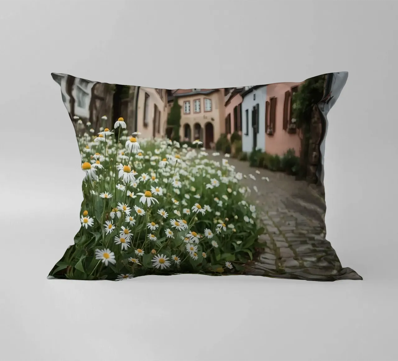 Margherite lungo una strada acciottolata con edifici cuscino da DesignDoodle