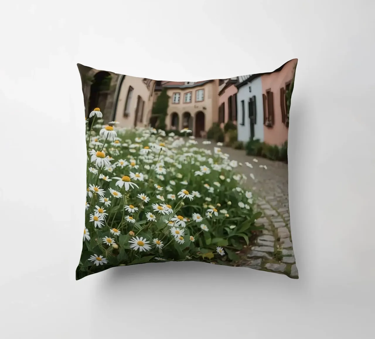 Margherite lungo una strada acciottolata con edifici cuscino da DesignDoodle