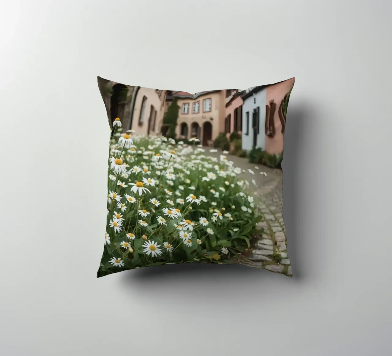 Margherite lungo una strada acciottolata con edifici cuscino da DesignDoodle