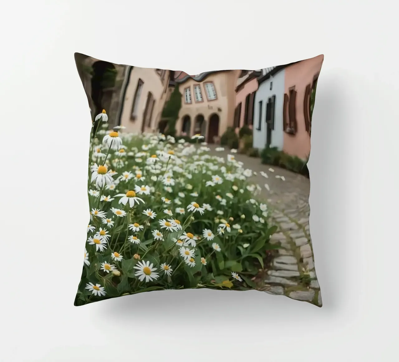 Margherite lungo una strada acciottolata con edifici cuscino da DesignDoodle