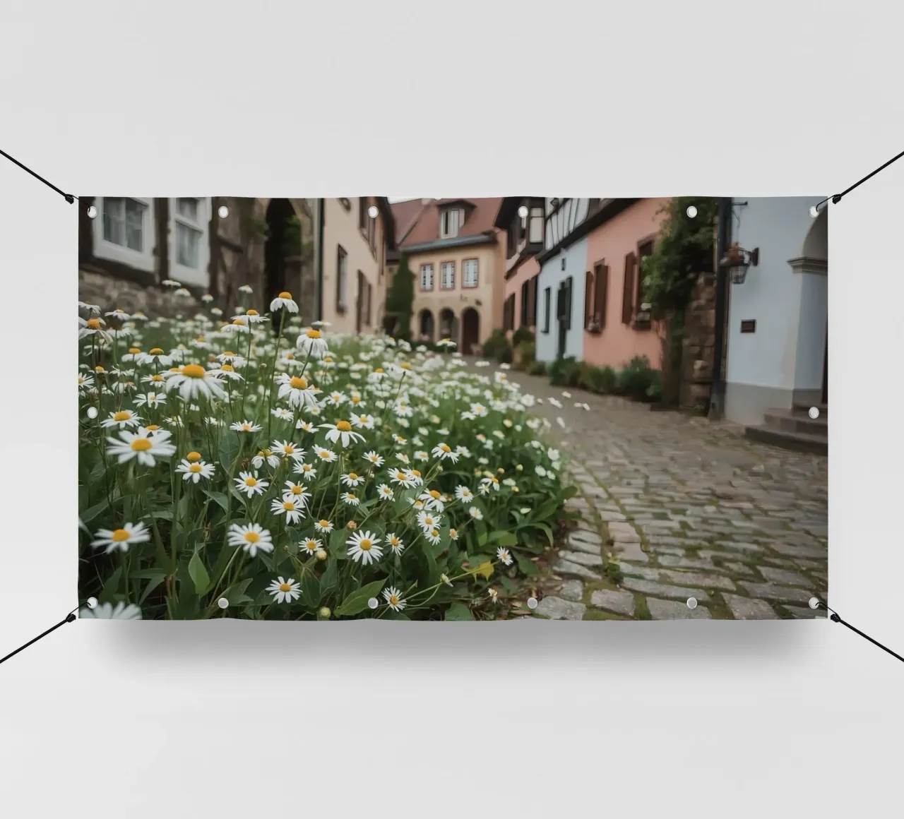 Margherite lungo una strada acciottolata con edifici telo in pvc da DesignDoodle