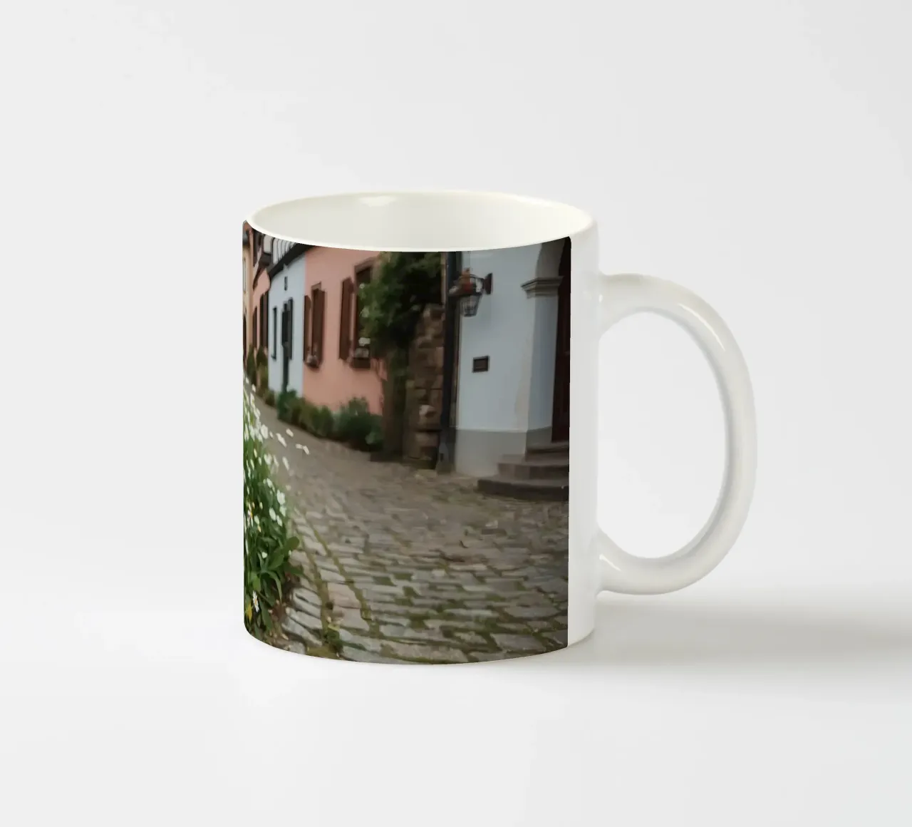 Margherite lungo una strada acciottolata con edifici tazza in ceramica da DesignDoodle