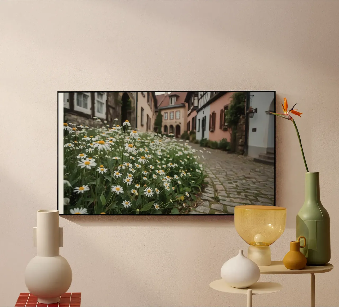 Margherite lungo una strada acciottolata con edifici plexiglass da DesignDoodle