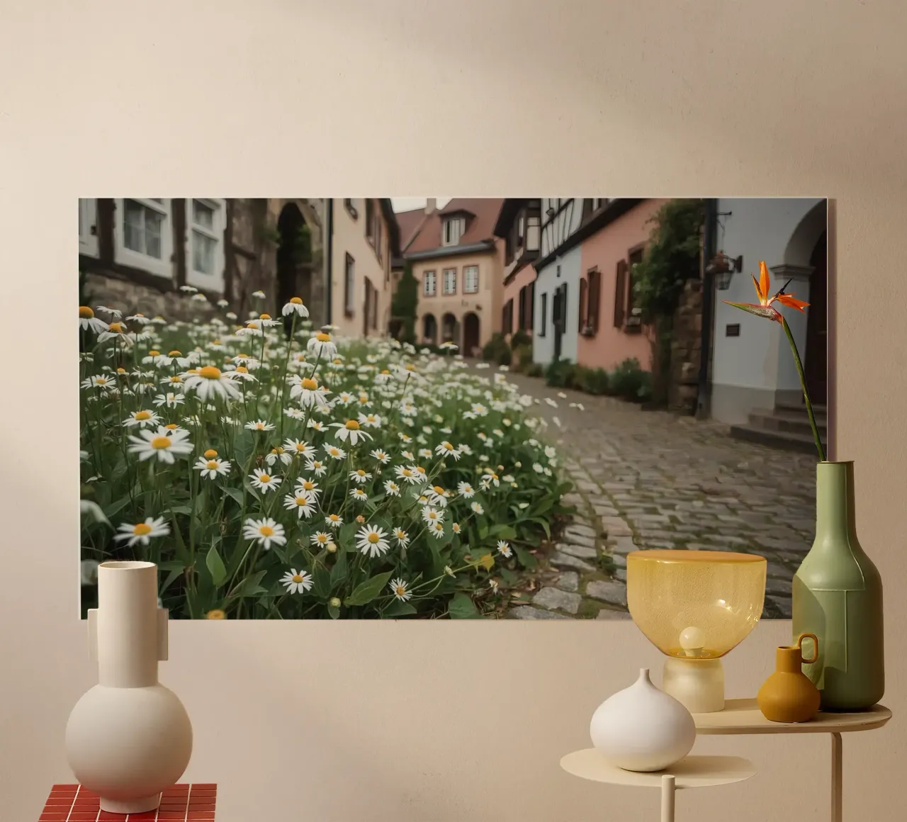 Margherite lungo una strada acciottolata con edifici plexiglass da DesignDoodle