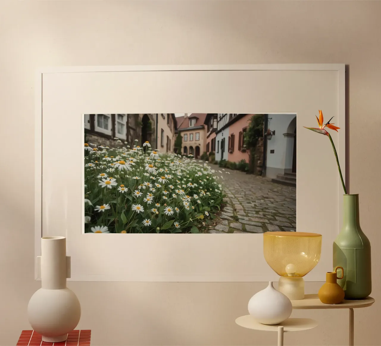 Margherite lungo una strada acciottolata con edifici carta hahnemühle da DesignDoodle