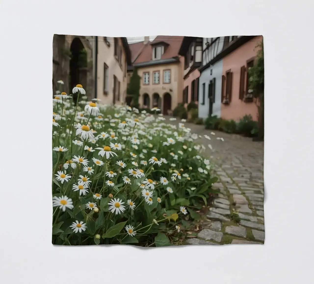 Margherite lungo una strada acciottolata con edifici coperta in pile da DesignDoodle