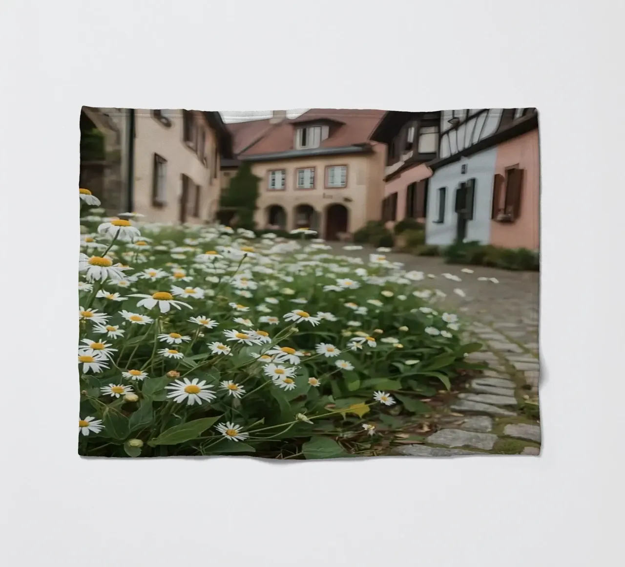 Margherite lungo una strada acciottolata con edifici coperta in pile da DesignDoodle
