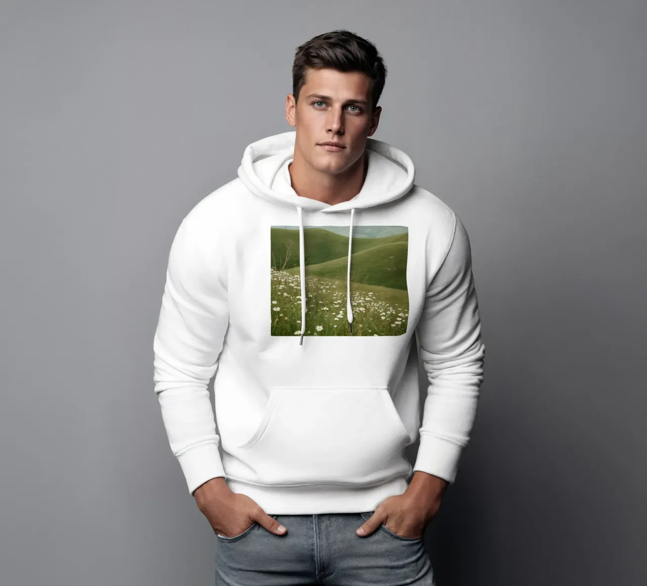 Campo di margherite con colline ondulate felpa con cappuccio da DesignDoodle