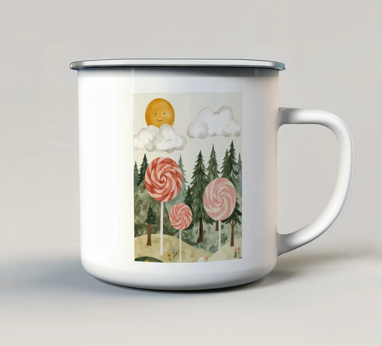 Paesaggio forestale con lecca-lecca e sole tazza in smalto da DesignDoodle