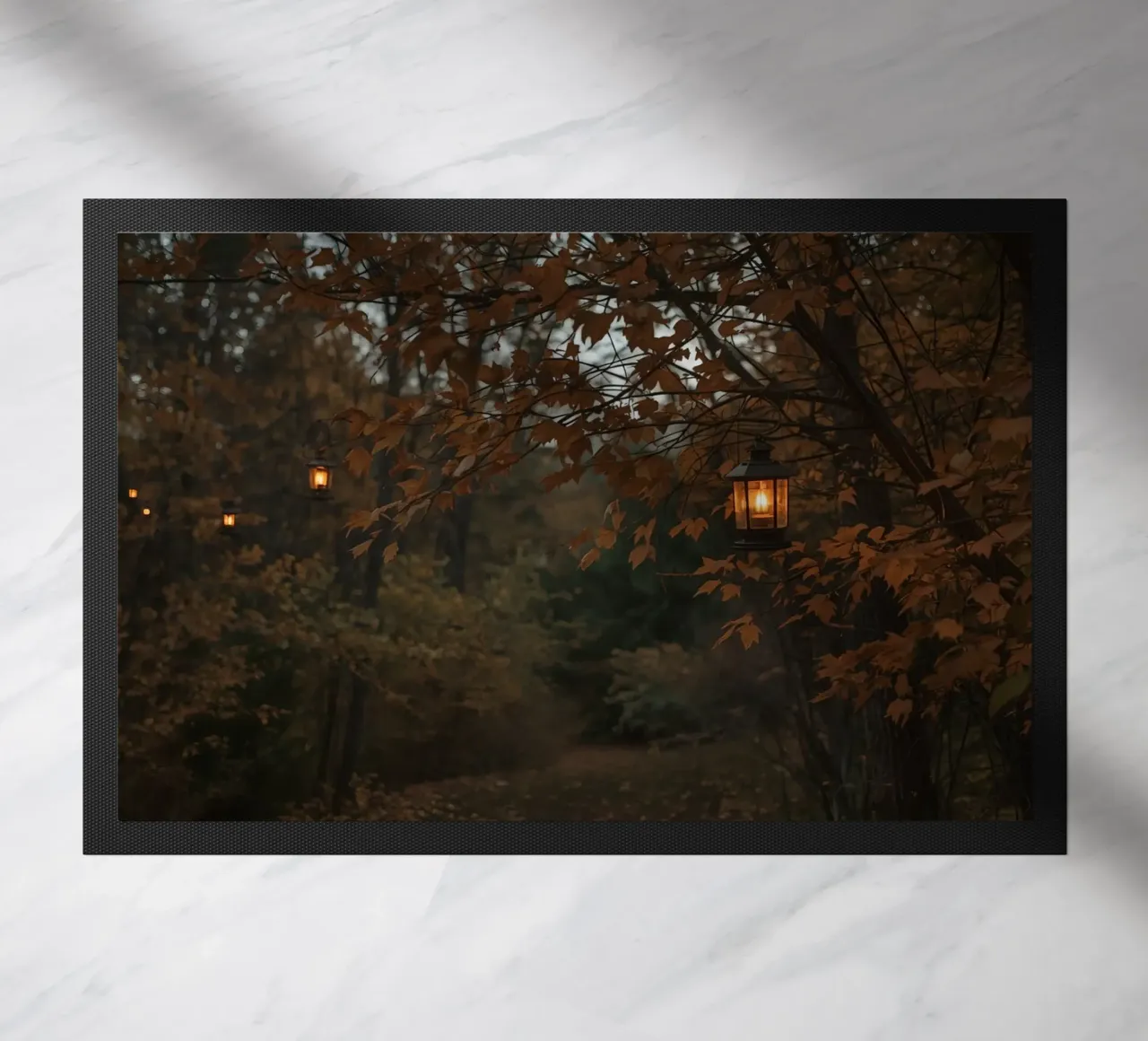 Forest Path with Autumn Foliage and Hanging Lanterns doormat by DesignDoodle