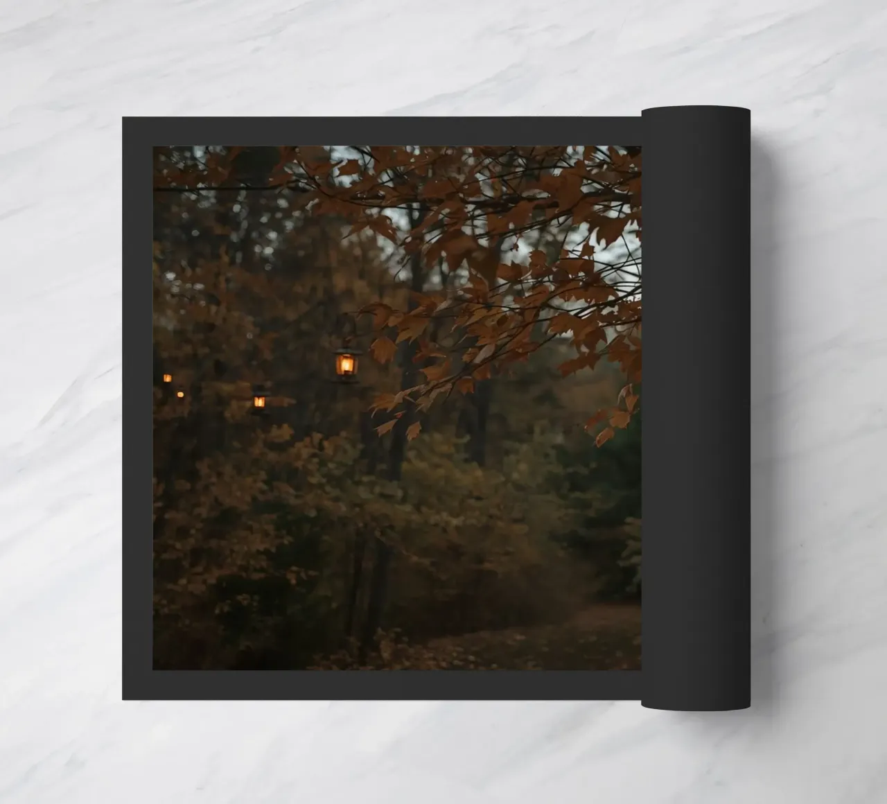 Forest Path with Autumn Foliage and Hanging Lanterns doormat by DesignDoodle