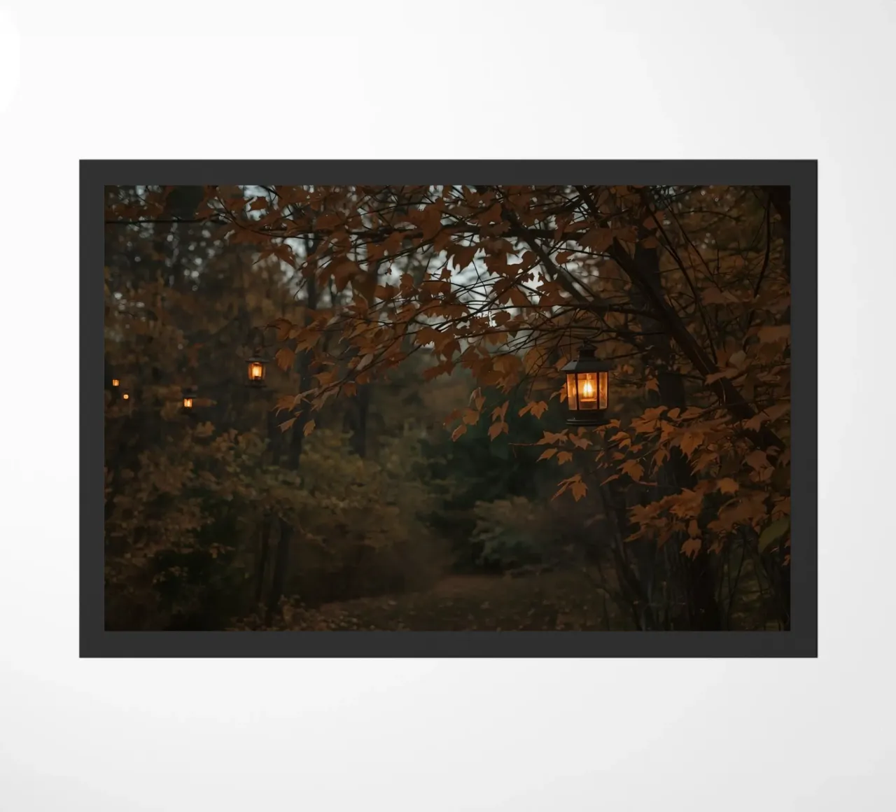 Forest Path with Autumn Foliage and Hanging Lanterns doormat by DesignDoodle