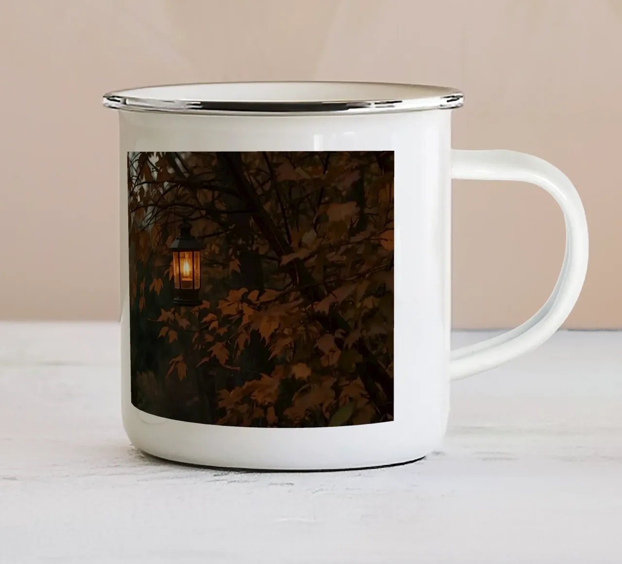 Forest Path with Autumn Foliage and Hanging Lanterns enamel mug by DesignDoodle