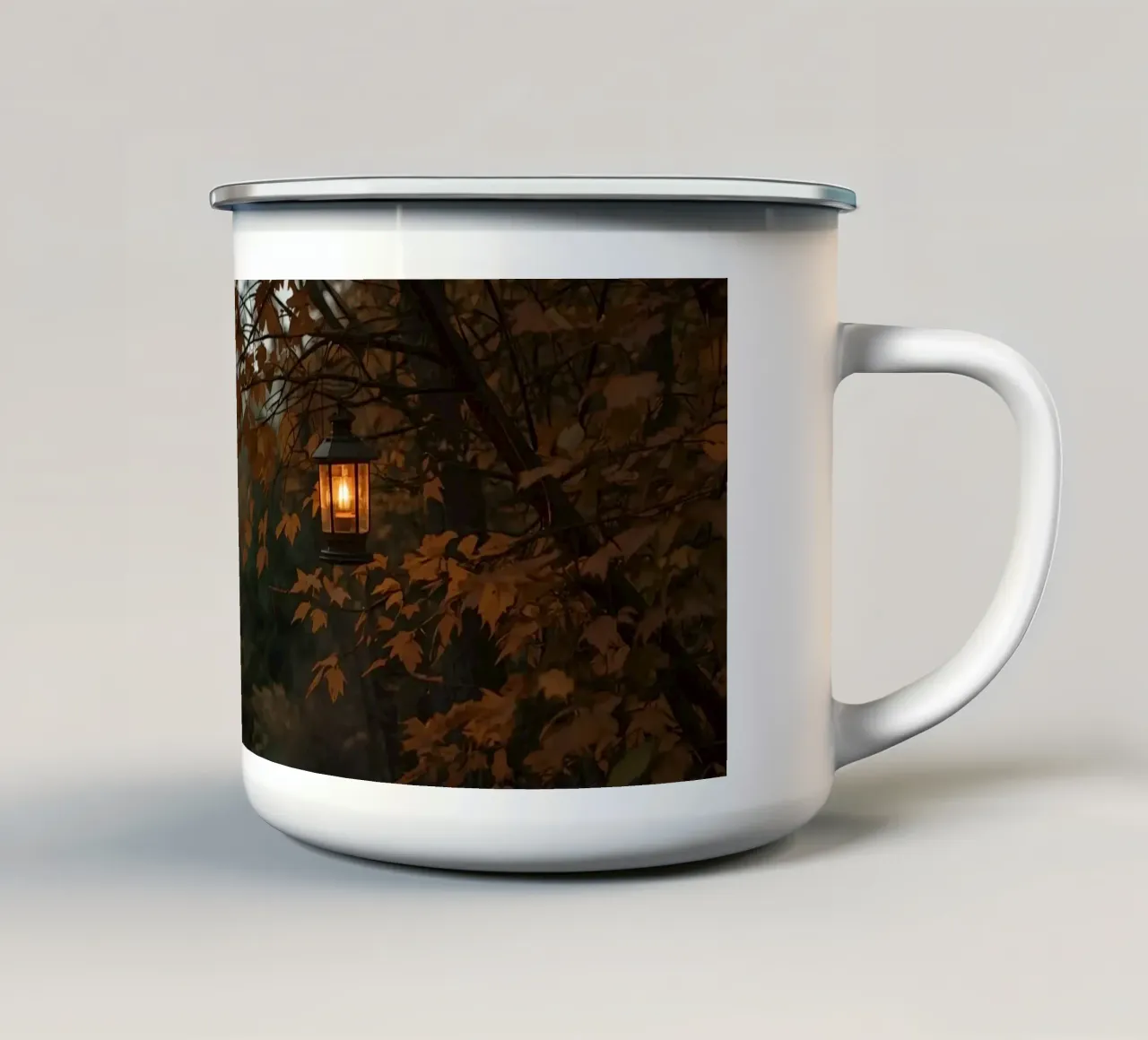 Forest Path with Autumn Foliage and Hanging Lanterns enamel mug by DesignDoodle