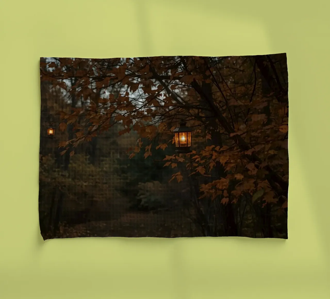 Forest Path with Autumn Foliage and Hanging Lanterns tea towel by DesignDoodle