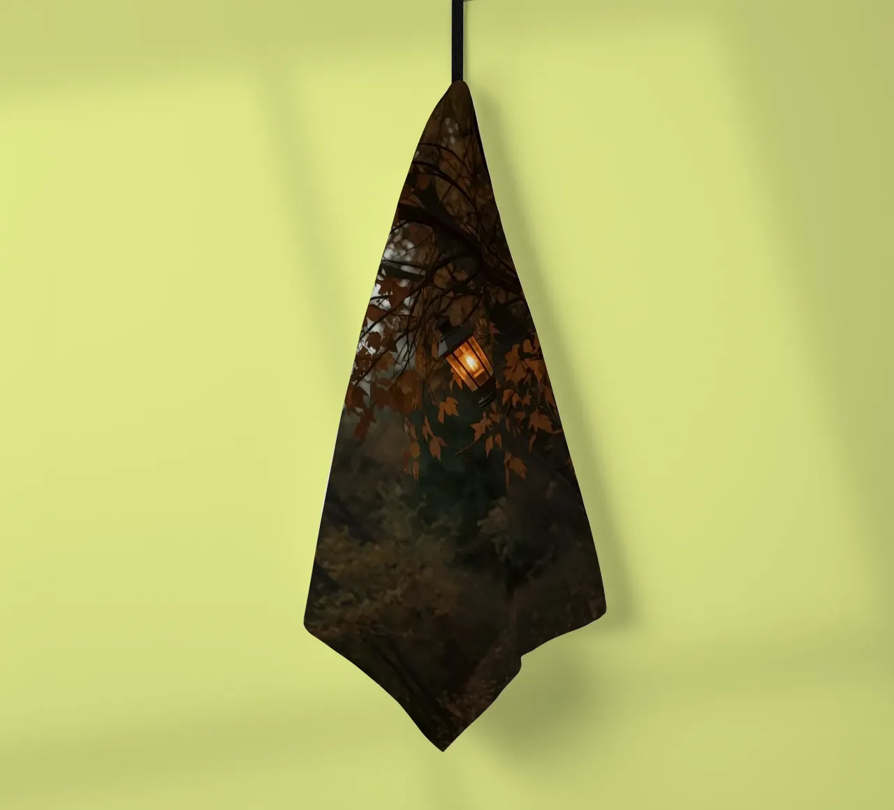 Forest Path with Autumn Foliage and Hanging Lanterns tea towel by DesignDoodle