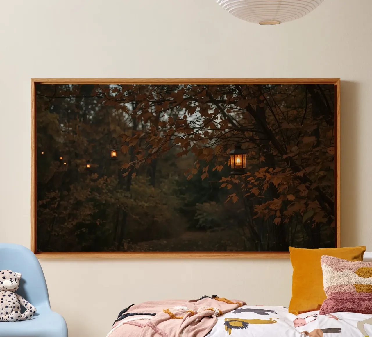 Forest Path with Autumn Foliage and Hanging Lanterns canvas by DesignDoodle