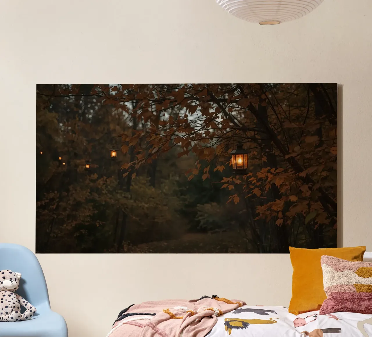 Forest Path with Autumn Foliage and Hanging Lanterns canvas by DesignDoodle