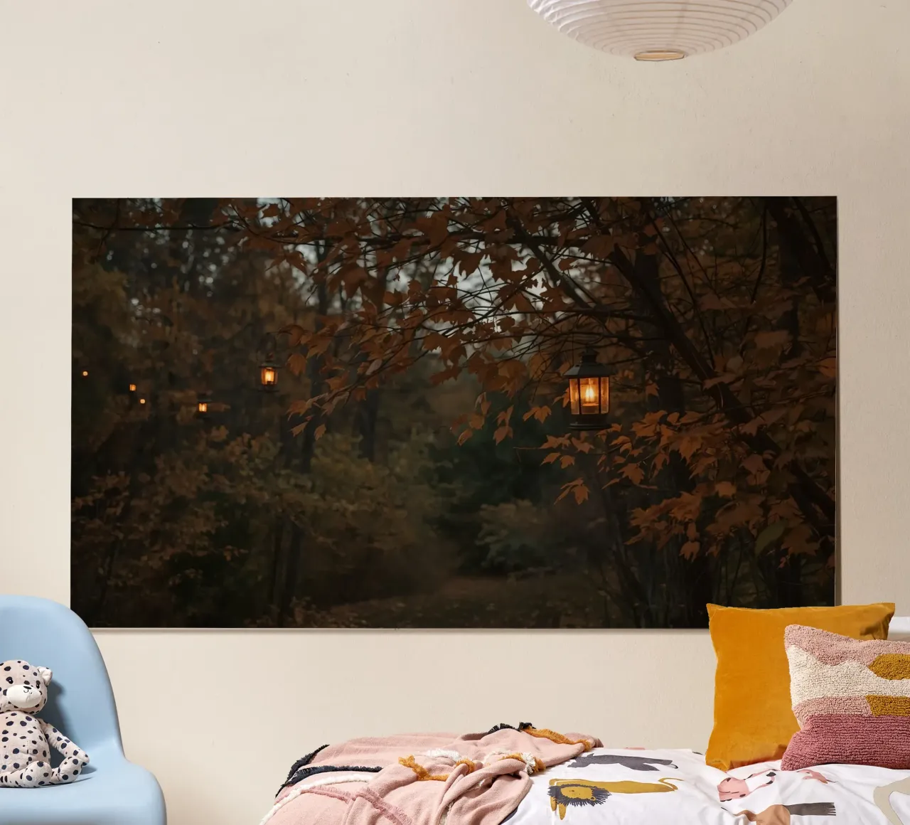 Forest Path with Autumn Foliage and Hanging Lanterns hahnemühle by DesignDoodle
