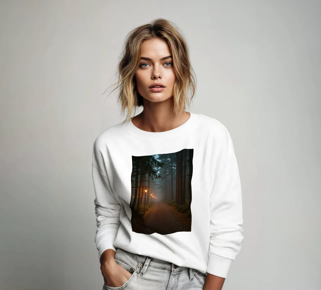 Dark Forest Path with Lanterns in Mist sweatshirt by DesignDoodle