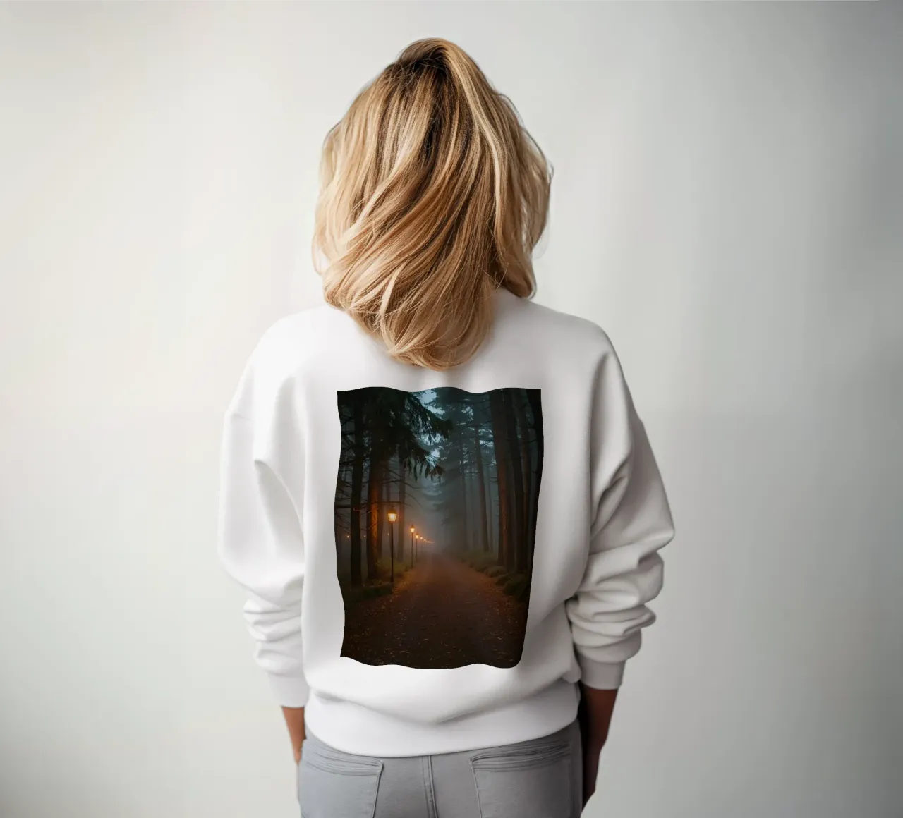 Dark Forest Path with Lanterns in Mist sweatshirt by DesignDoodle