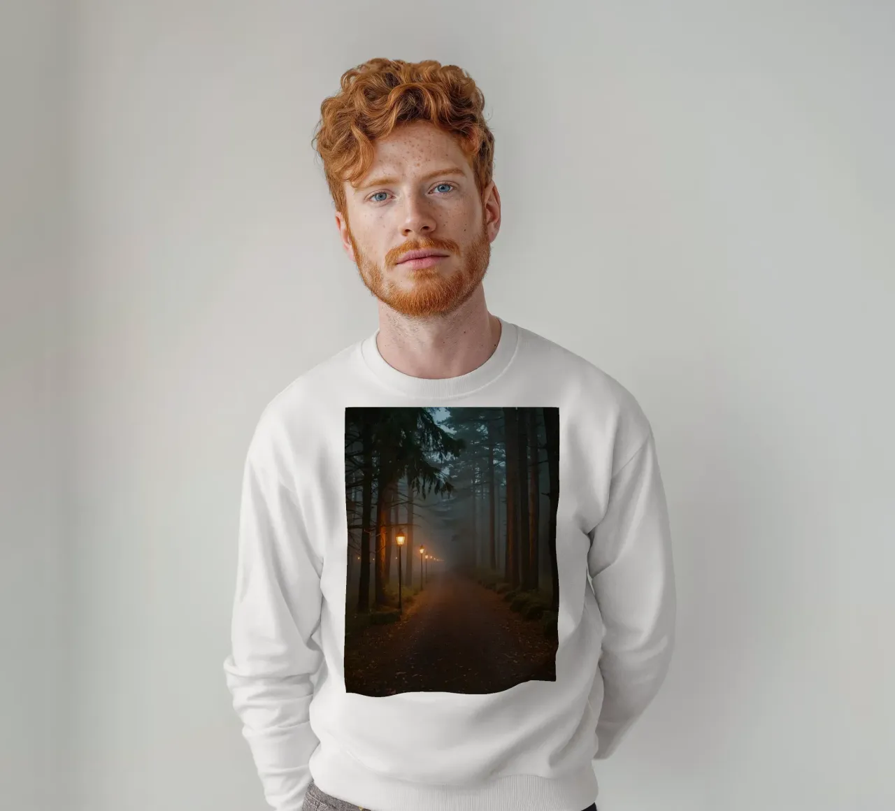Dark Forest Path with Lanterns in Mist sweatshirt by DesignDoodle