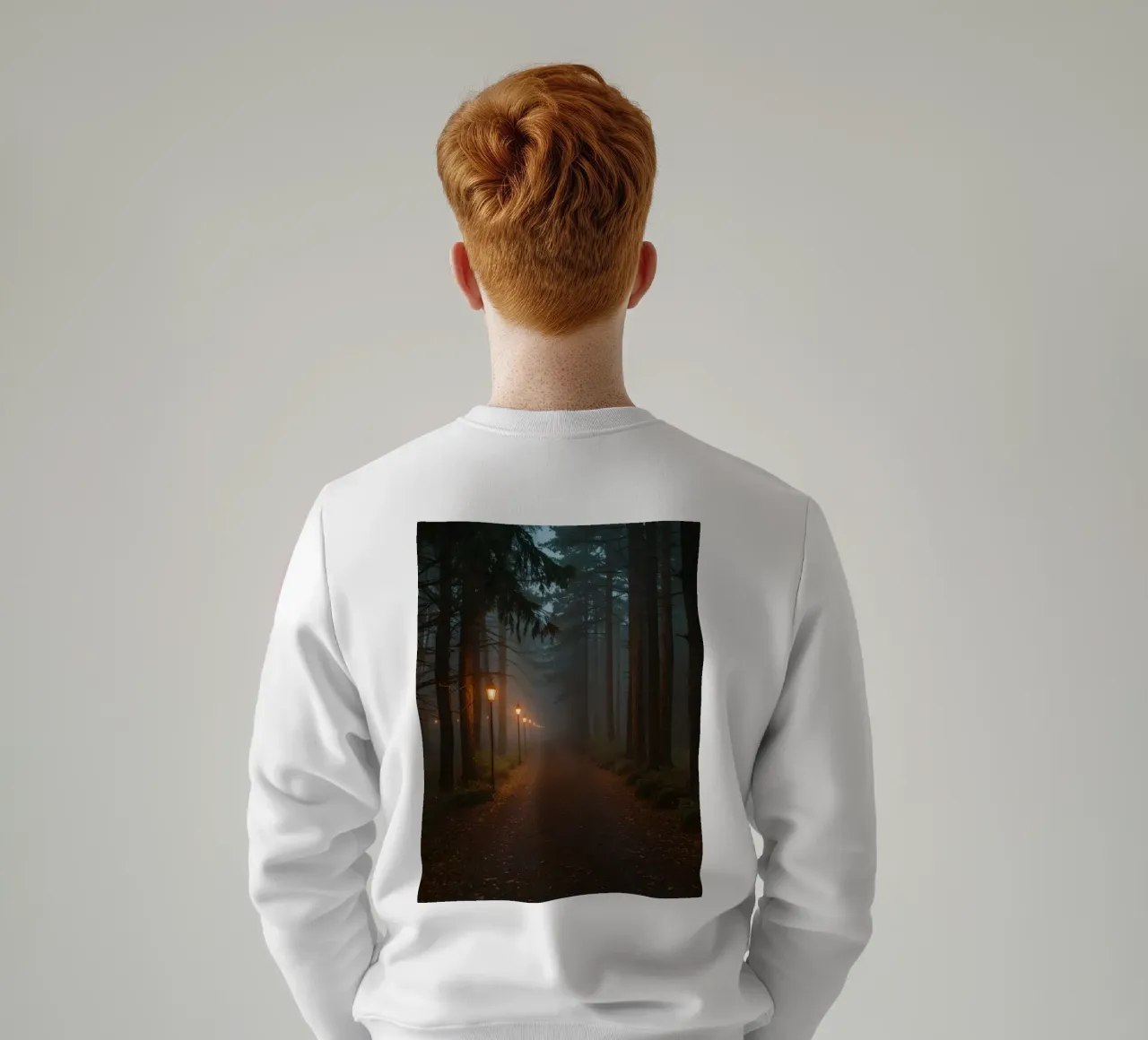 Dark Forest Path with Lanterns in Mist sweatshirt by DesignDoodle