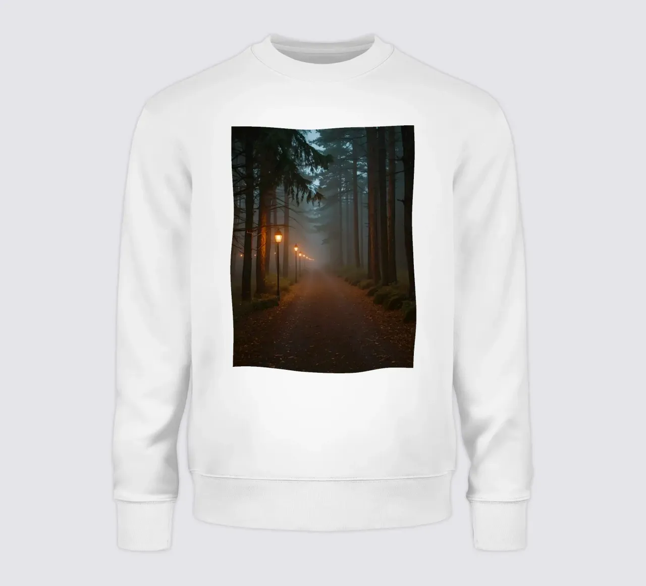 Dark Forest Path with Lanterns in Mist sweatshirt by DesignDoodle