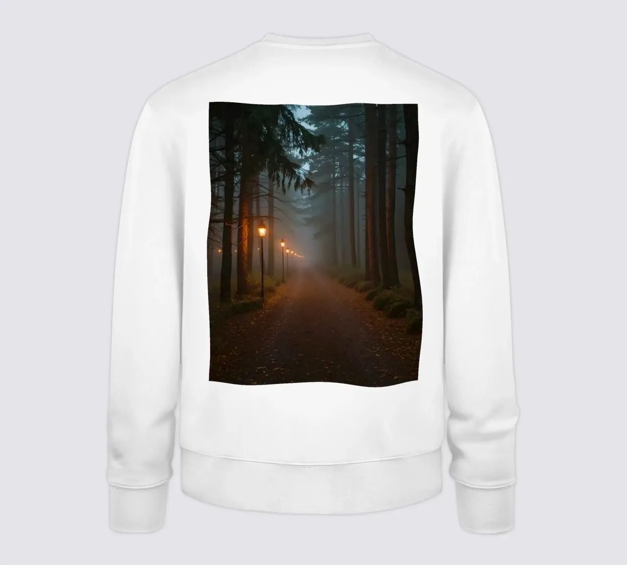 Dark Forest Path with Lanterns in Mist sweatshirt by DesignDoodle