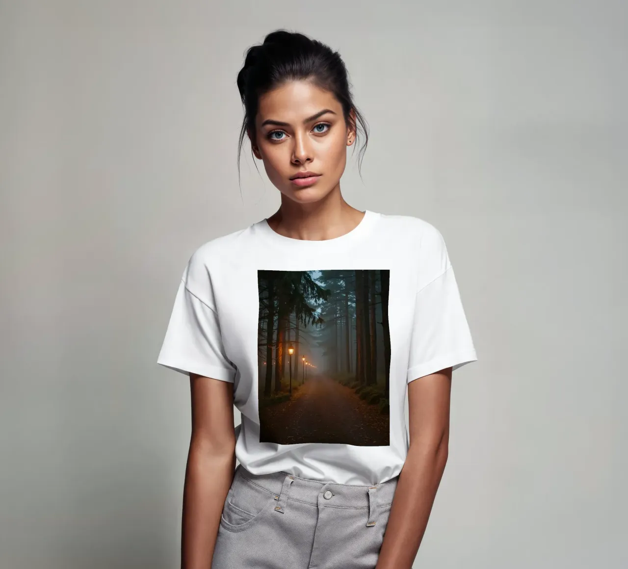 Dark Forest Path with Lanterns in Mist t-shirt by DesignDoodle
