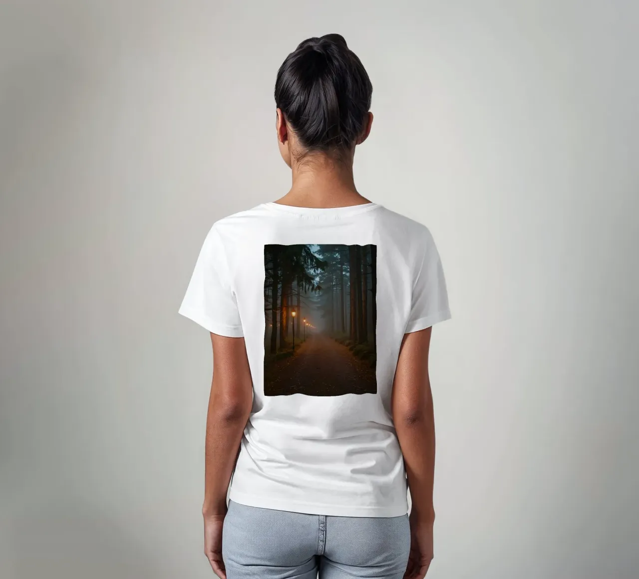 Dark Forest Path with Lanterns in Mist t-shirt by DesignDoodle