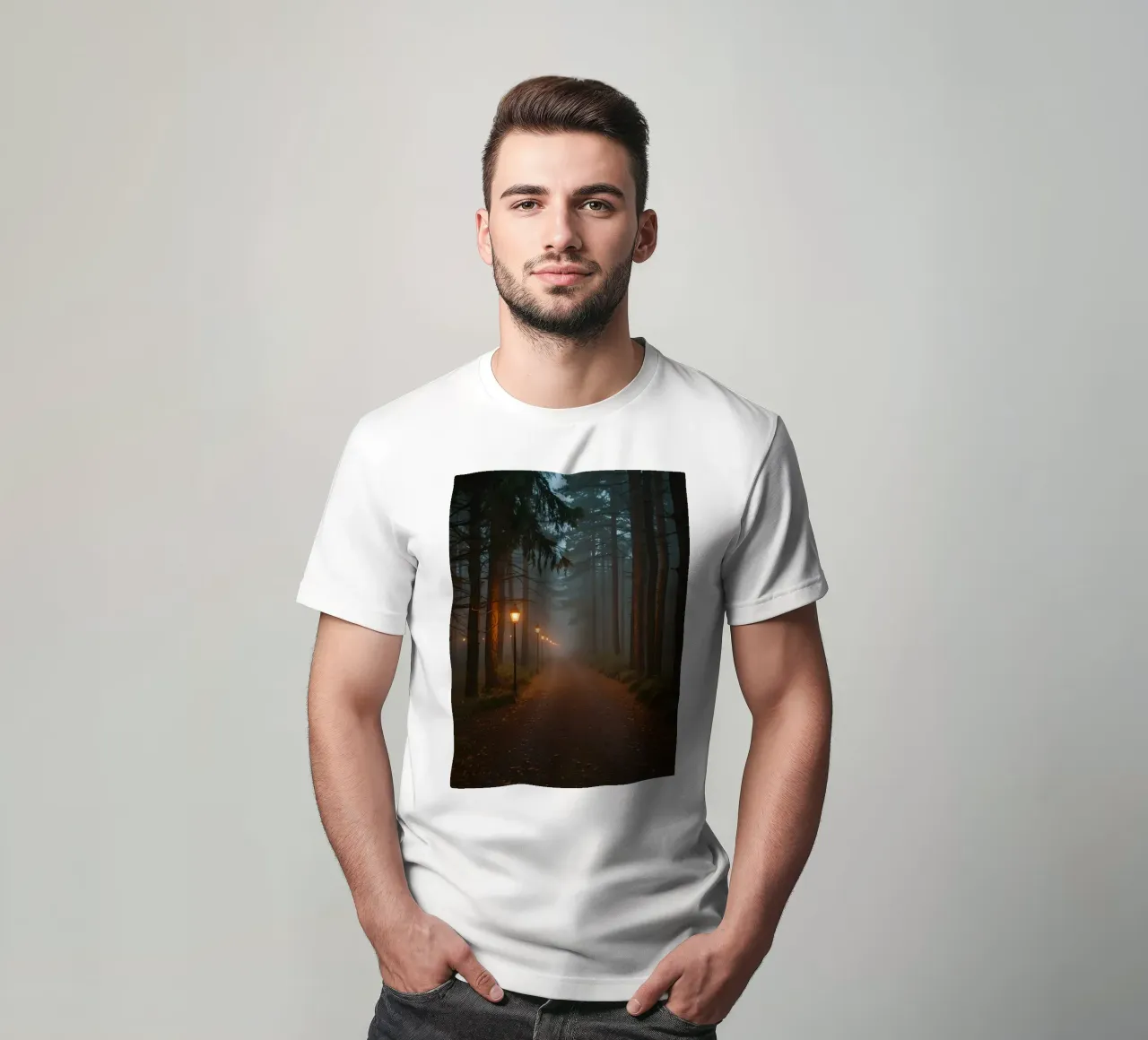 Dark Forest Path with Lanterns in Mist t-shirt by DesignDoodle