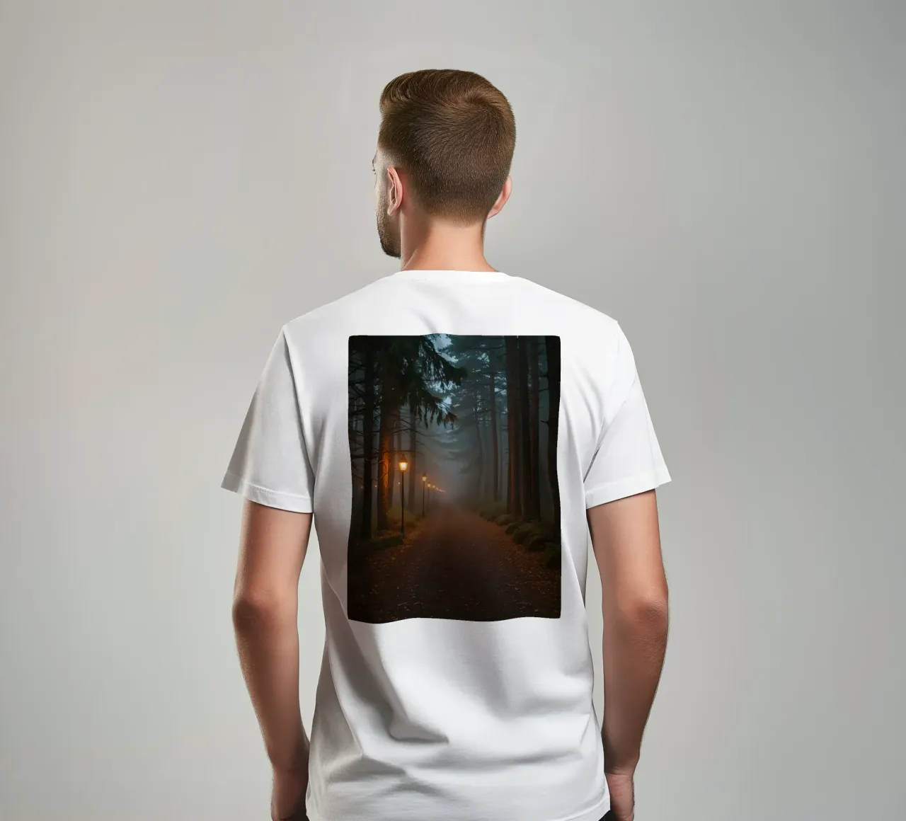Dark Forest Path with Lanterns in Mist t-shirt by DesignDoodle