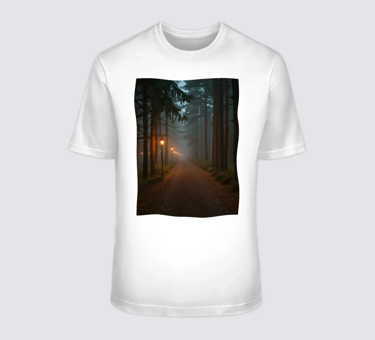 Dark Forest Path with Lanterns in Mist t-shirt by DesignDoodle