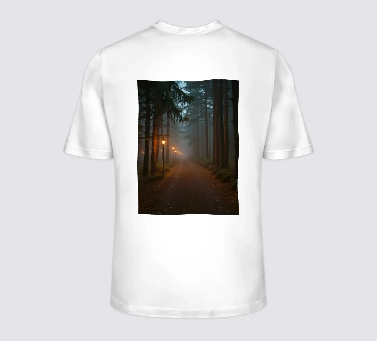 Dark Forest Path with Lanterns in Mist t-shirt by DesignDoodle