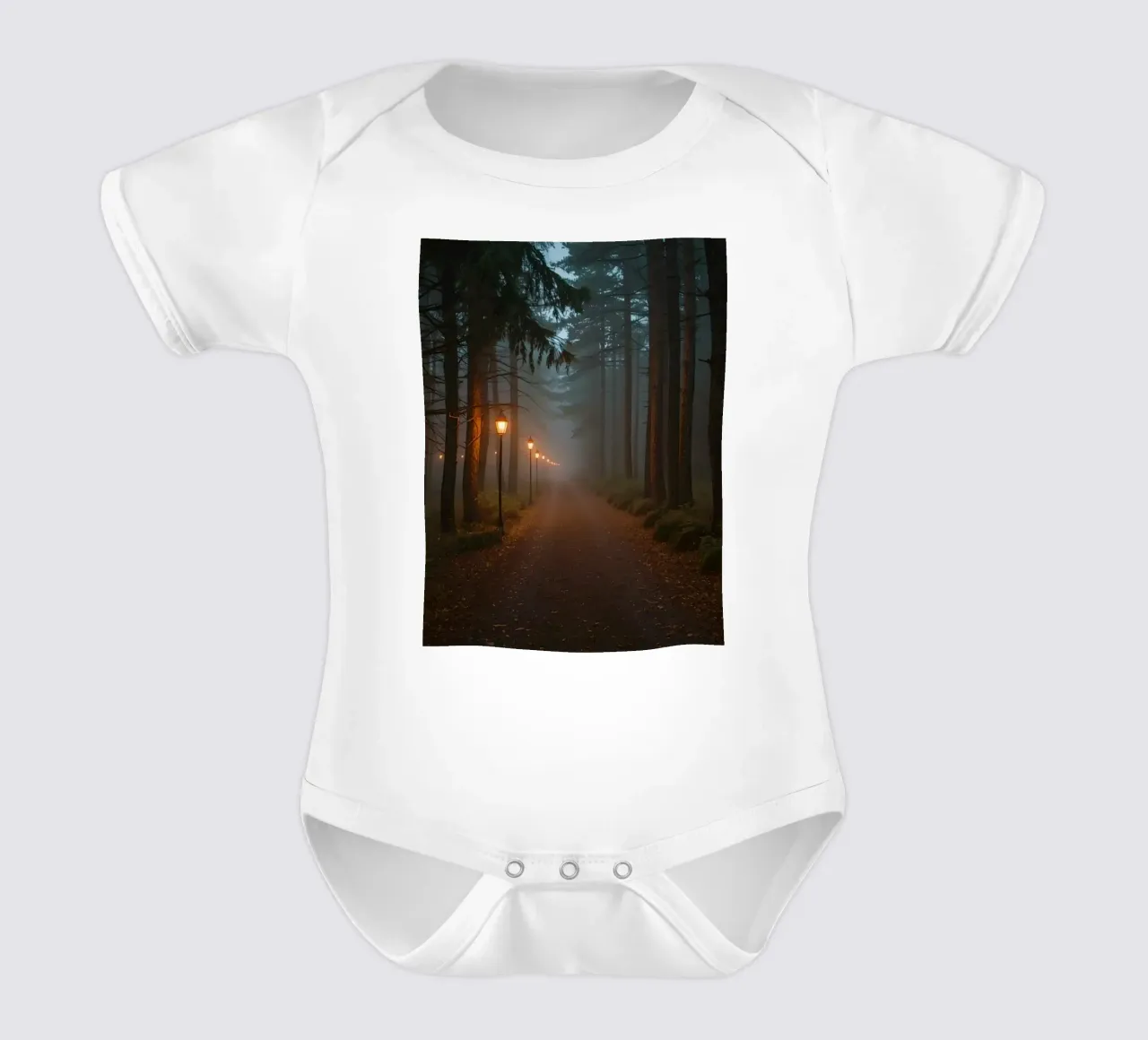 Dark Forest Path with Lanterns in Mist short-sleeve baby romper by DesignDoodle