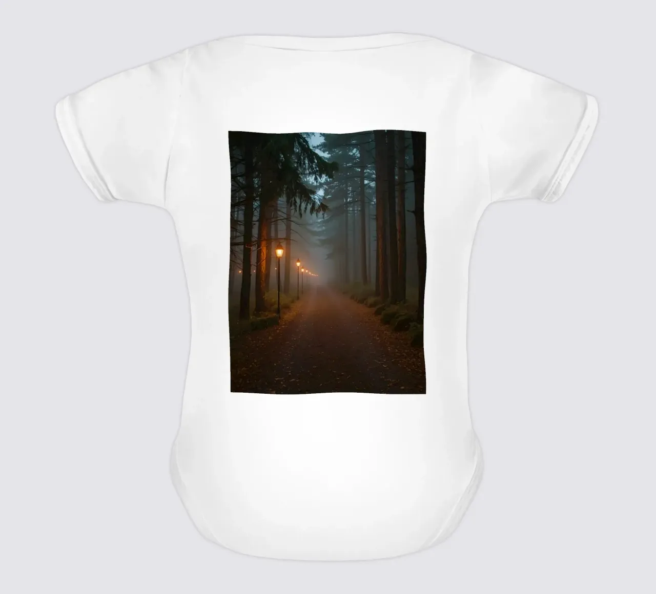 Dark Forest Path with Lanterns in Mist short-sleeve baby romper by DesignDoodle