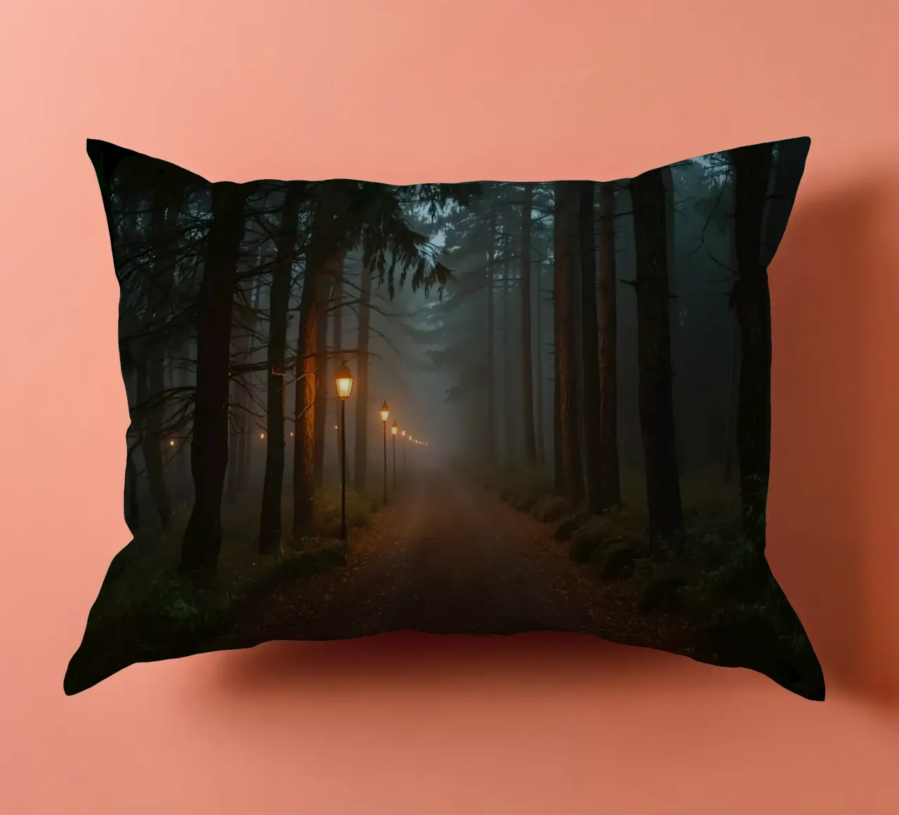 Dark Forest Path with Lanterns in Mist decorative cushion by DesignDoodle