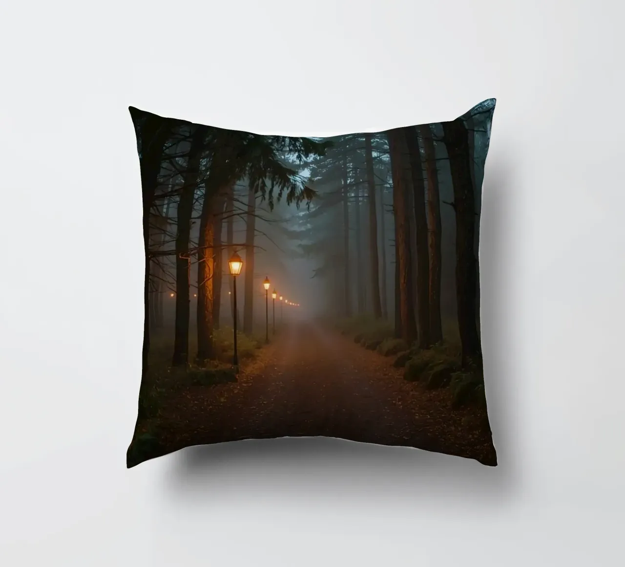 Dark Forest Path with Lanterns in Mist decorative cushion by DesignDoodle