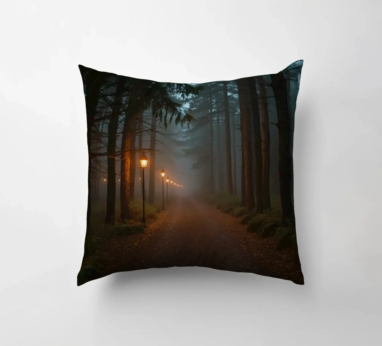 Dark Forest Path with Lanterns in Mist decorative cushion by DesignDoodle