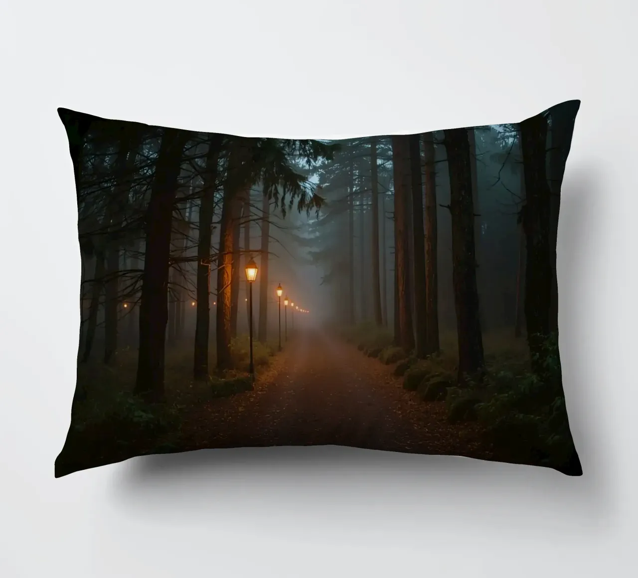 Dark Forest Path with Lanterns in Mist decorative cushion by DesignDoodle