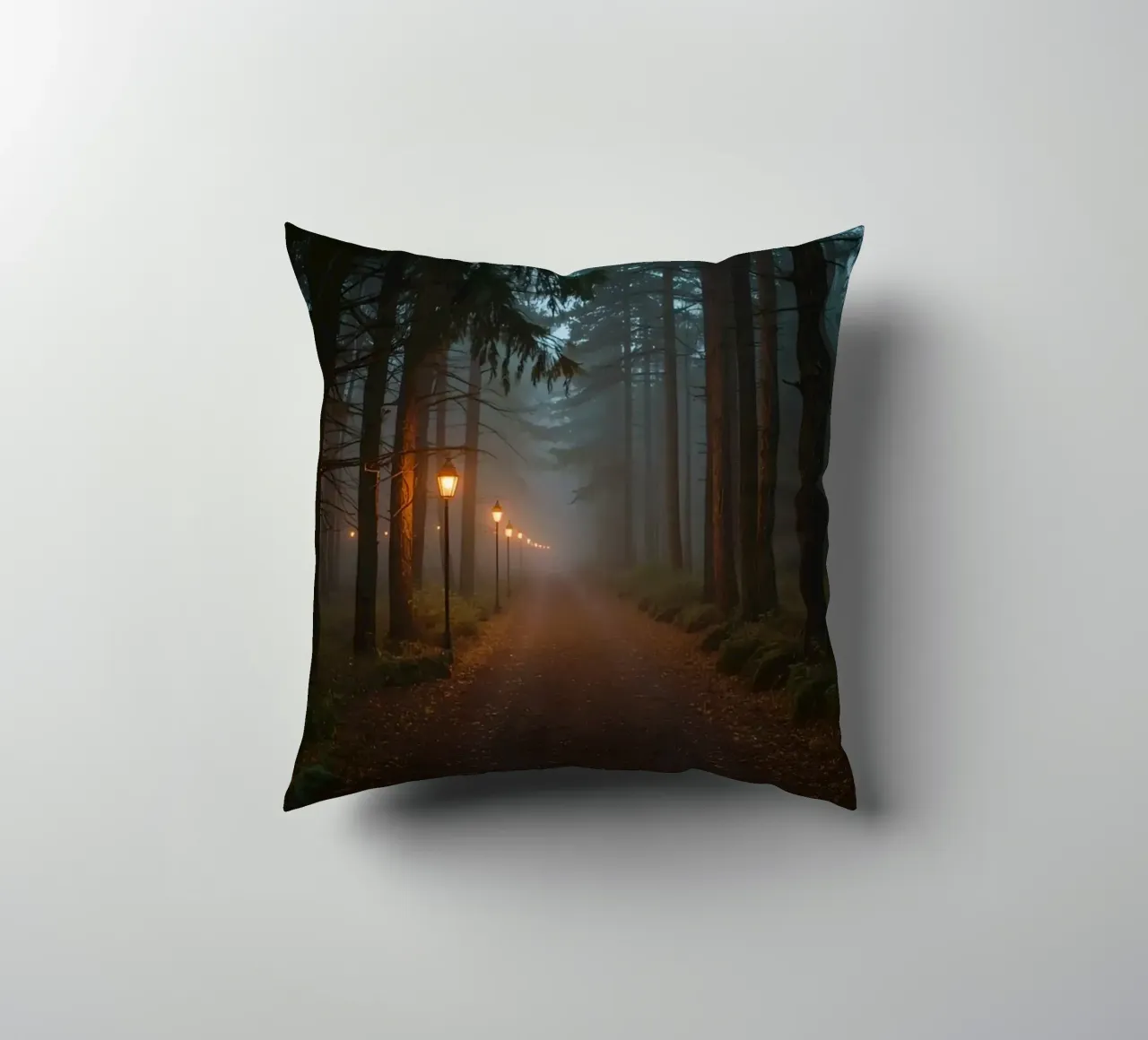 Dark Forest Path with Lanterns in Mist decorative cushion by DesignDoodle