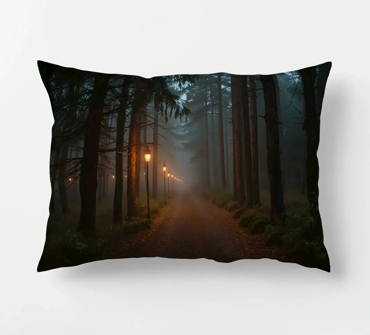Dark Forest Path with Lanterns in Mist decorative cushion by DesignDoodle