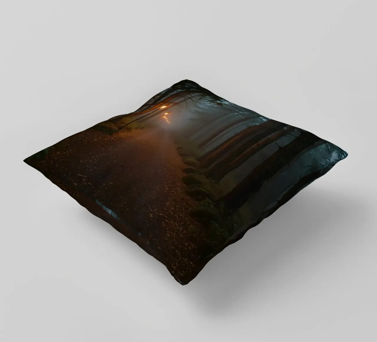 Dark Forest Path with Lanterns in Mist decorative cushion by DesignDoodle