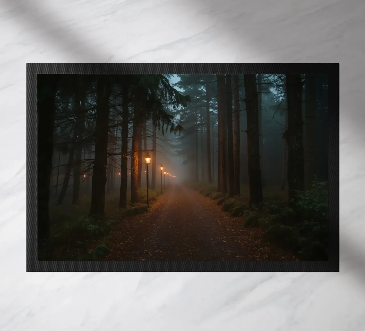 Dark Forest Path with Lanterns in Mist doormat by DesignDoodle