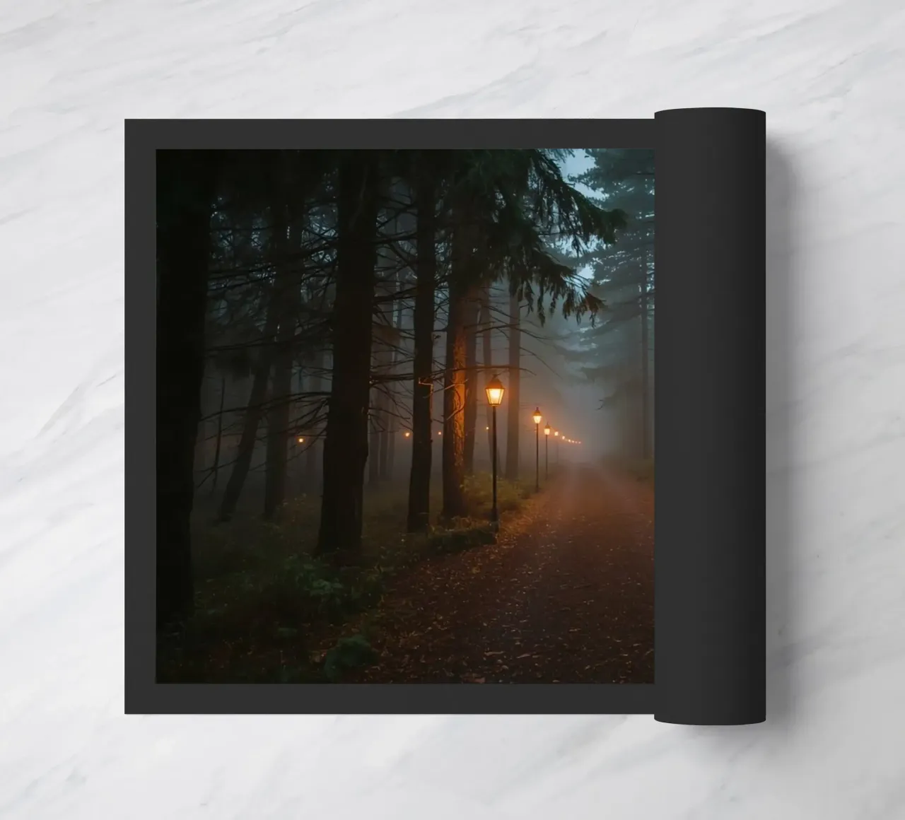 Dark Forest Path with Lanterns in Mist doormat by DesignDoodle
