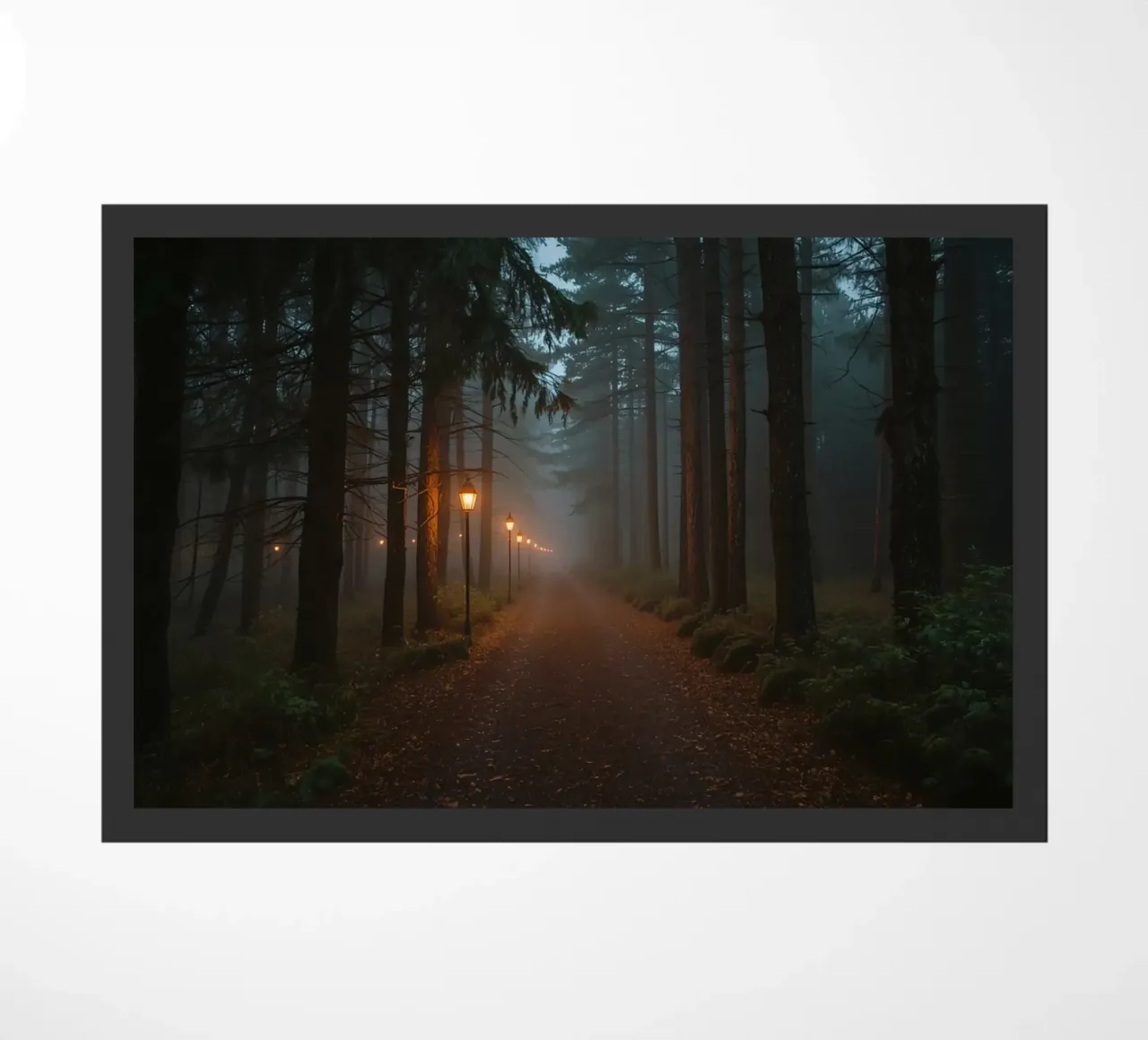 Dark Forest Path with Lanterns in Mist doormat by DesignDoodle