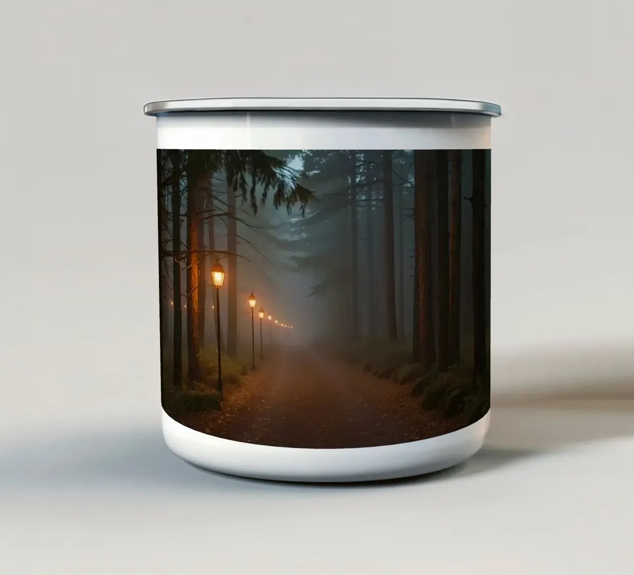 Dark Forest Path with Lanterns in Mist enamel mug by DesignDoodle