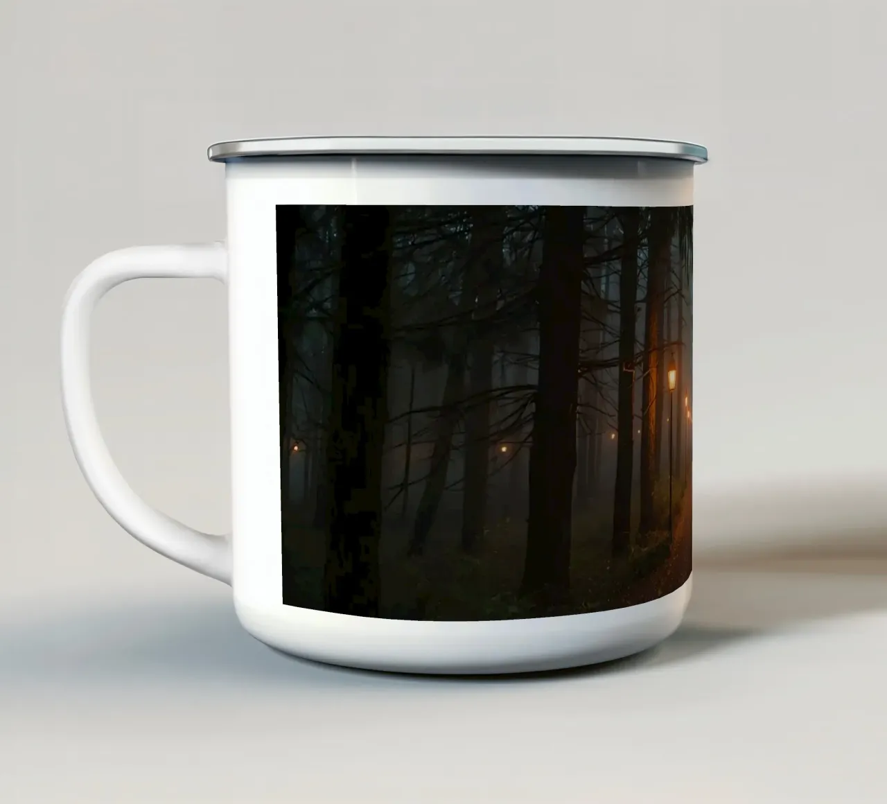 Dark Forest Path with Lanterns in Mist enamel mug by DesignDoodle